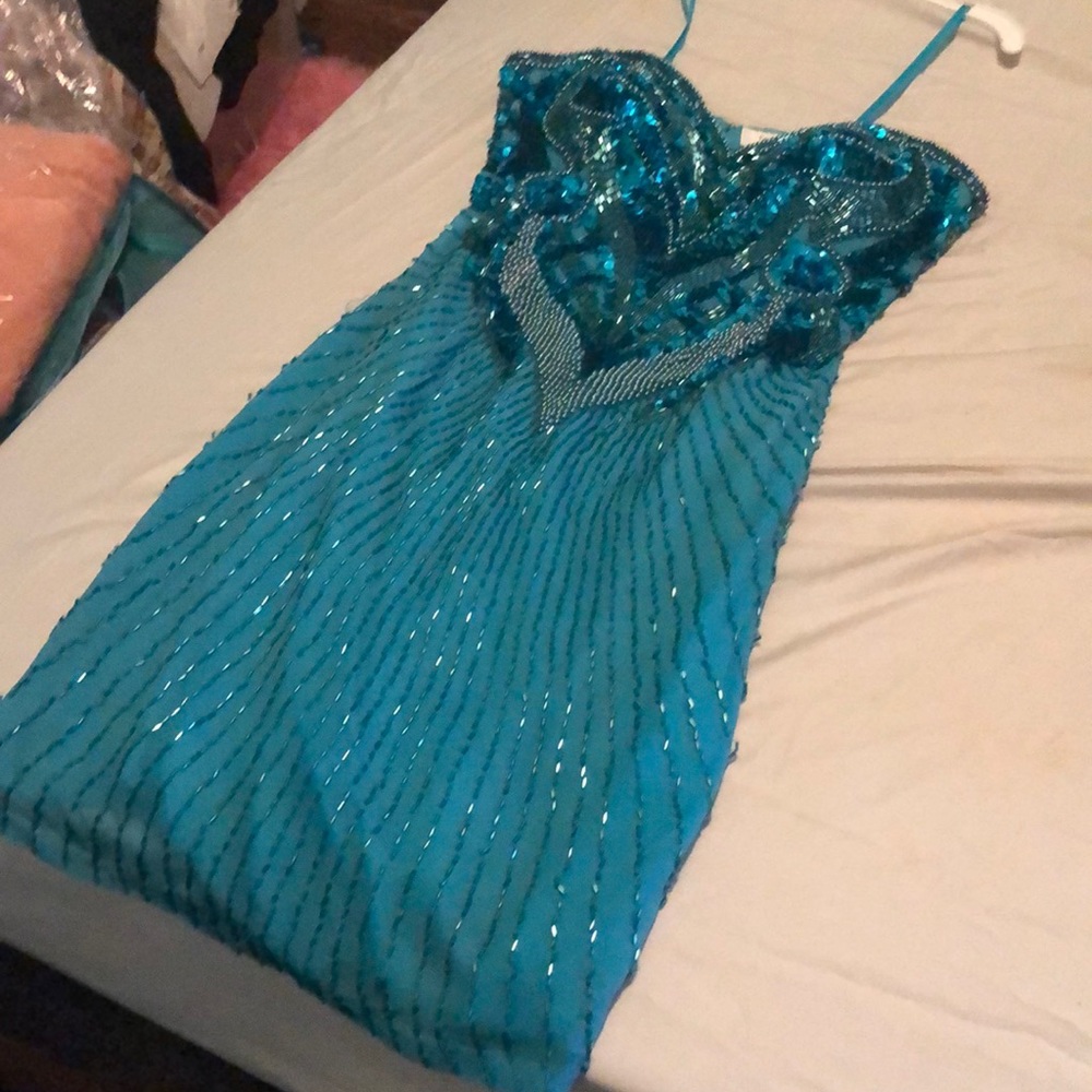 90's Niteline Silk Sequin Turquoise Prom Dress